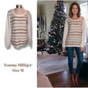 Tommy Hilfiger Sweater Cream & Tan Scoop Neck Sequins Striped Preppy Glam Size M